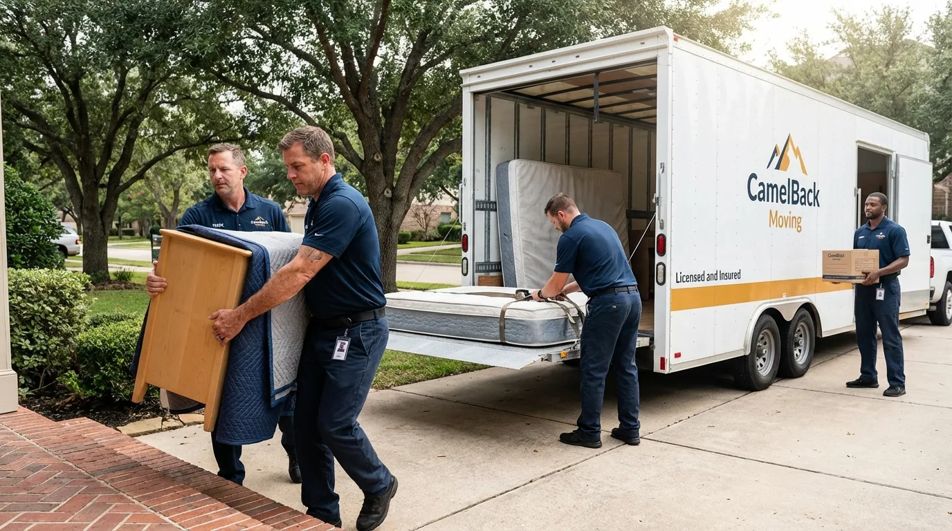 Crew loading residential truck for cross-state move from Nacogdoches, TX
