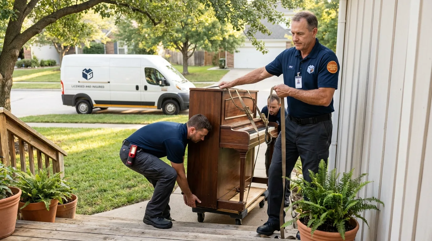 Licensed piano movers securing grand piano in Nacogdoches, TX