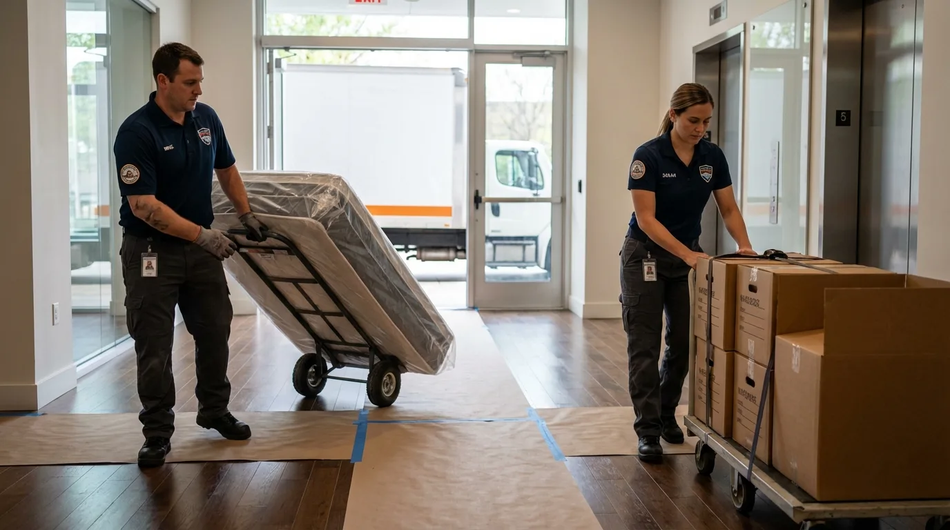 Professional apartment movers loading elevator in Nacogdoches, TX