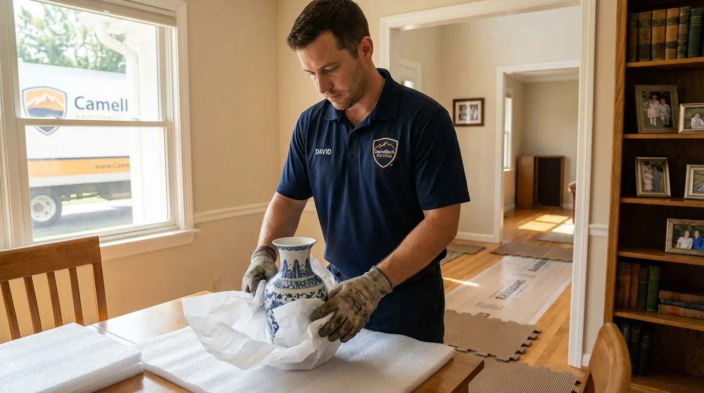 Professional crew carefully wrapping antique vase for senior downsizing move in Nacogdoches, TX